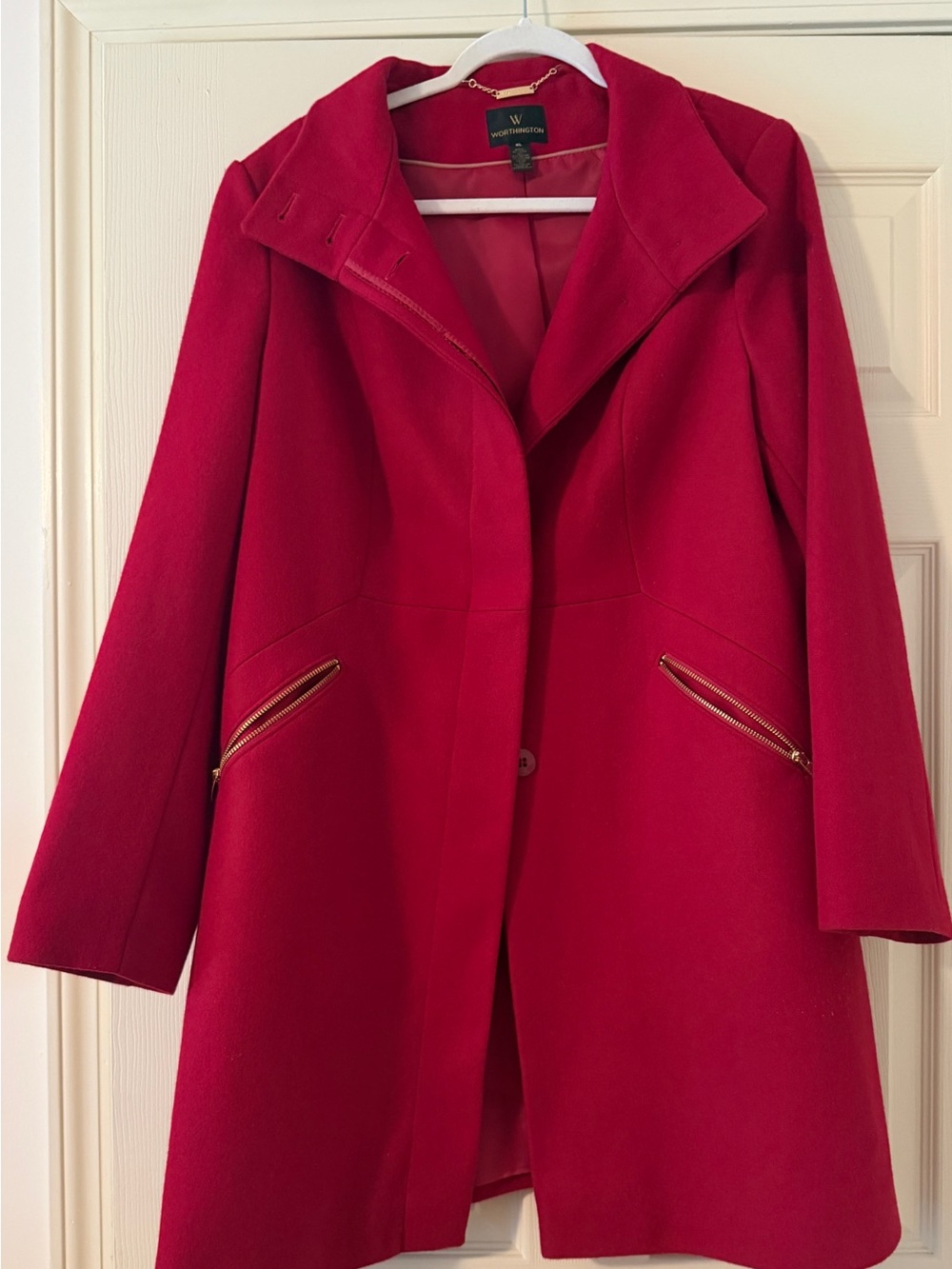 Worthington Bright Red Wool Trench Coat with Gold Zippers